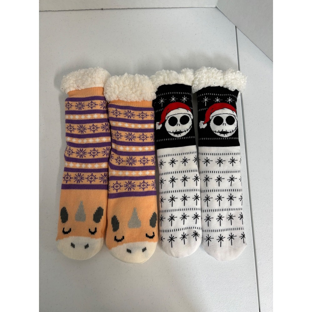 Disney Jack Skellington & Unicorn Fuzzy Slipper Socks Bundle 2 Pairs Non-Slip